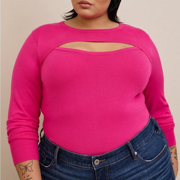 ❤️NWT VINTAGE TORRID SWEATER - FITTED - CUTOUT CHEST - CREW NECK - HOT PINK - Picture 1 of 9